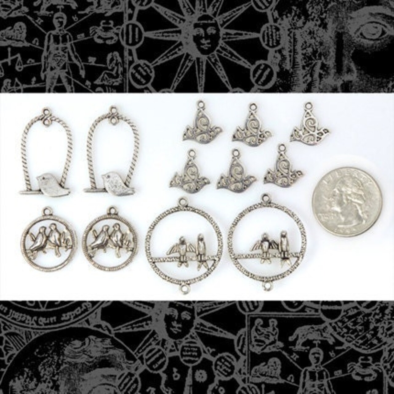 Silver Birds of a Feather Pendant/Charms - Three Sets of Two Different Pendant/Charms and Six Flying Bird Charms - ZS-P02Set